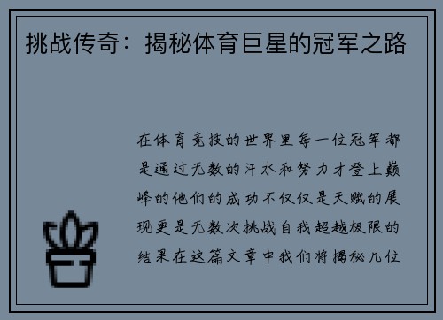 挑战传奇：揭秘体育巨星的冠军之路